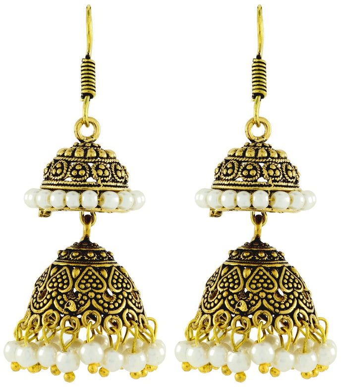 Antique Oxidized Gold Plated Pearl Double Jhumki Earring For Women