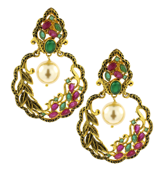 Antique Traditional 22K Gold Plated Red Green Pearl Dangling Earring For Women