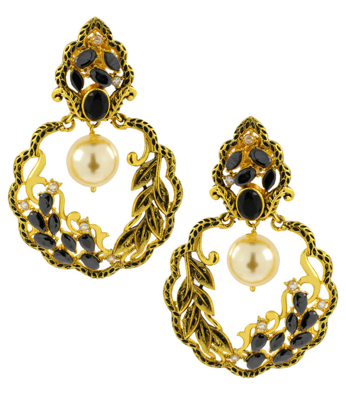 Antique Traditional 22K Gold Plated Black Pearl Dangling Earring For Women