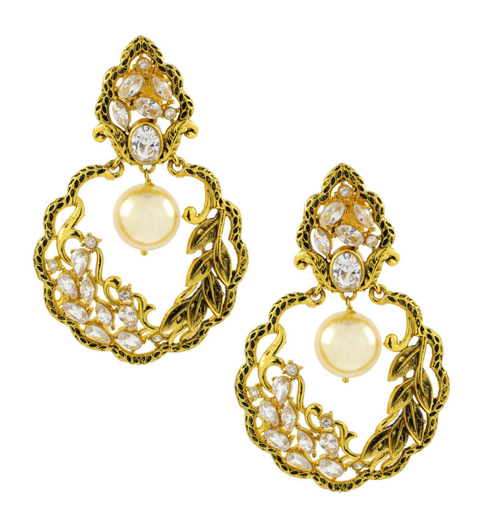 Antique Traditional 22K Gold Plated CZ Pearl Kundan Dangling Earring For Women