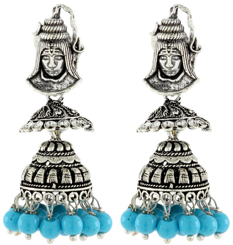 Antique Oxidized German Silver Light Blue Double Jhumki Earring For Women