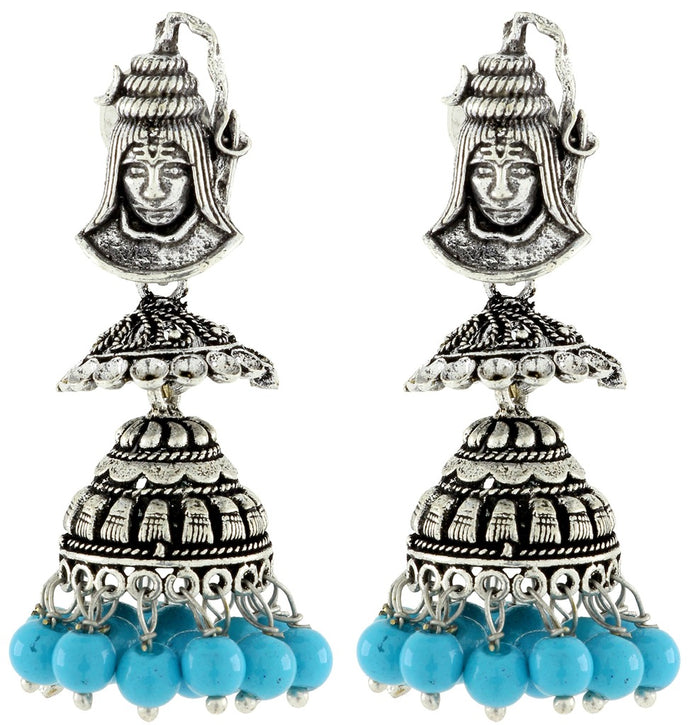 Antique Oxidized German Silver Light Blue Double Jhumki Earring For Women