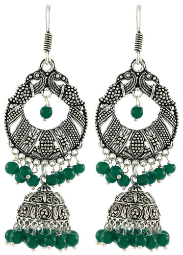 Bali Antique Leaf Green Oxidized German Silver Jhumki Earring For Women