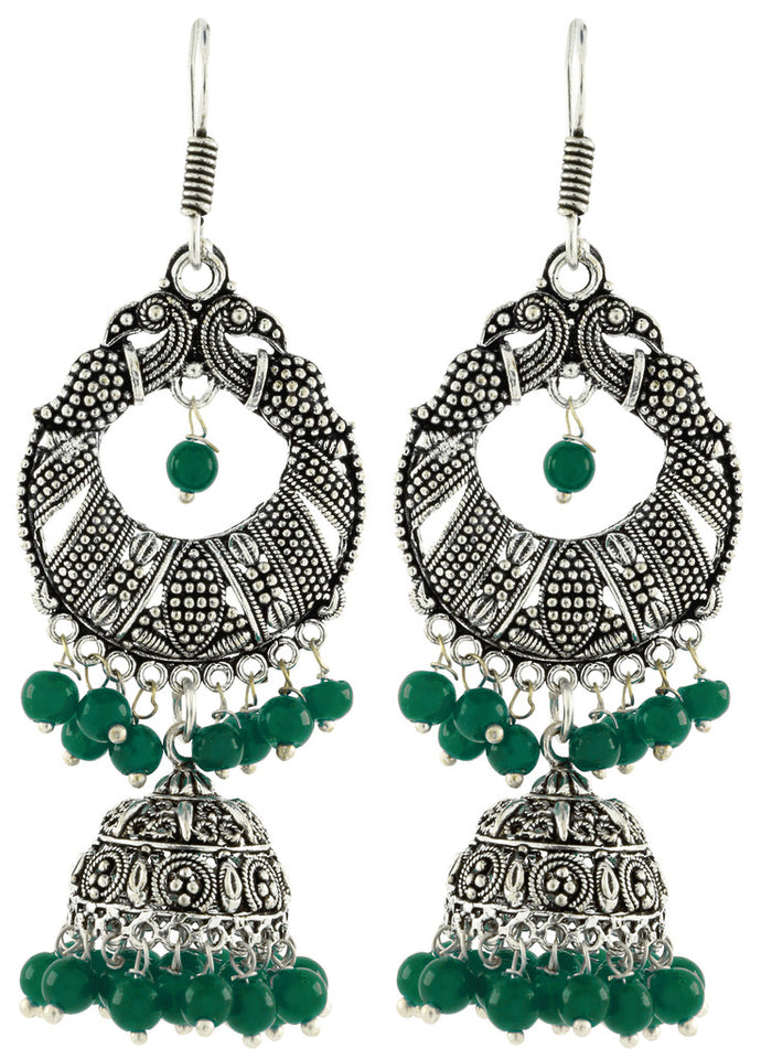 Bali Antique Leaf Green Oxidized German Silver Jhumki Earring For Women