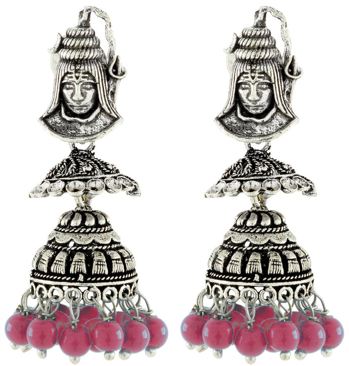 Antique Oxidized German Maroon Red Silver Double Jhumki Earring For Women