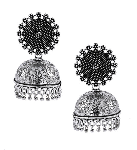 Antique Oxidized Jaipur German Silver Etched Jhumki Earring For Women